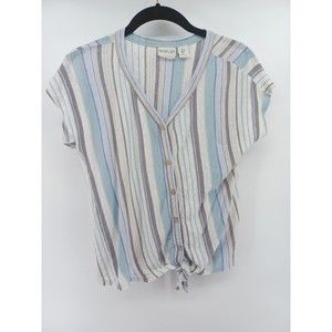 Rachel Zoe Top Womens Blue Small Striped tie Knot 100% Linen Beachy Breathable.